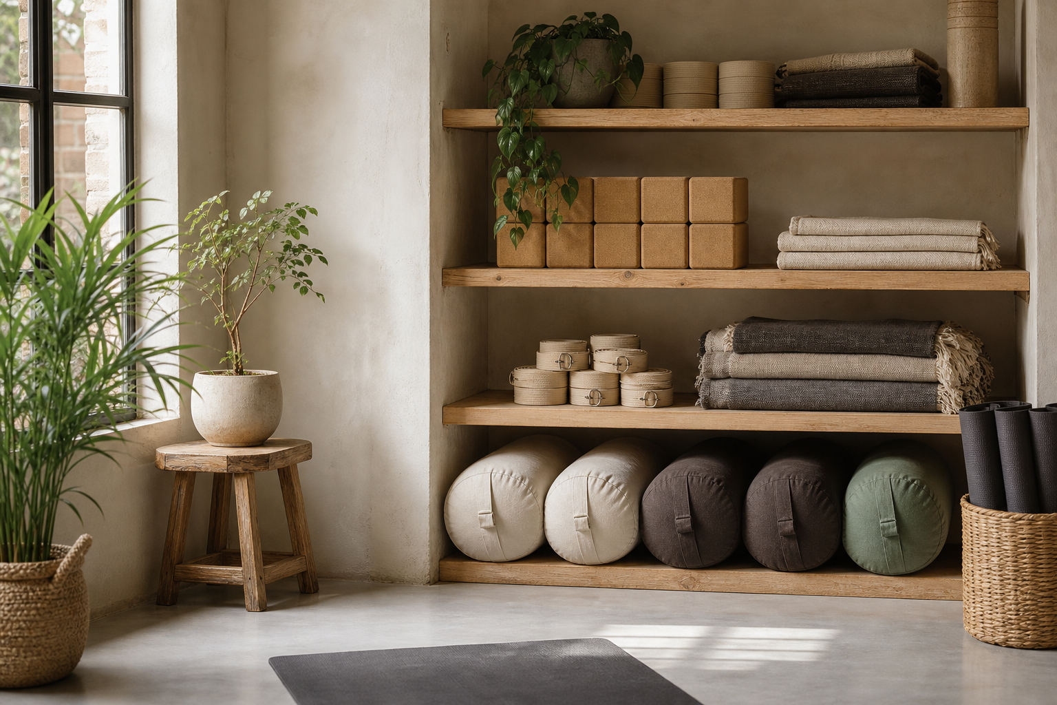 Boutique yoga studio with mats and soft natural light